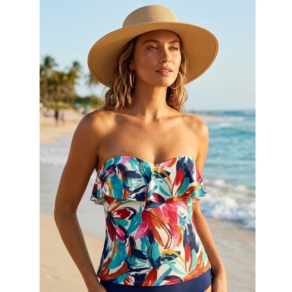 Catalina‎ Women Floral Ruffle Tankini Swim Top Multi Color Tropical Size S 4-6